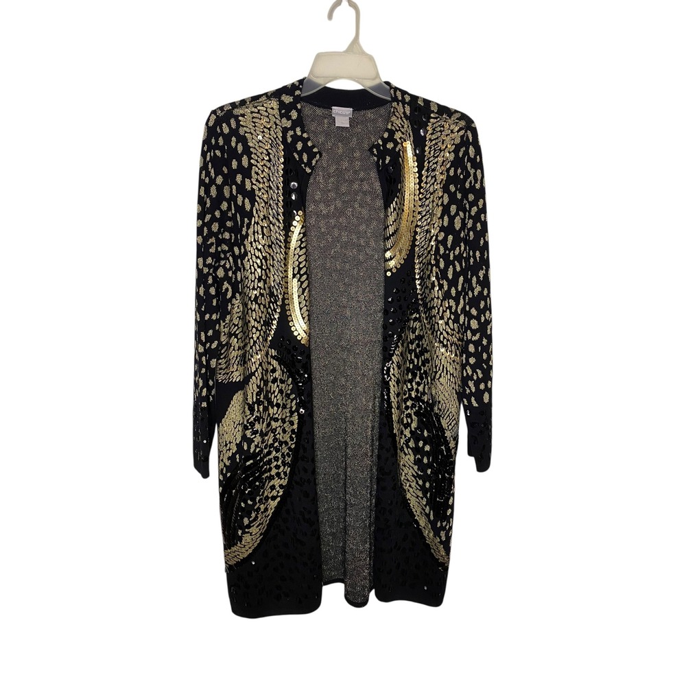 Chico's Women Black Gold Metallic Sequin Open Front Duster Cardigan Size 2 L XL